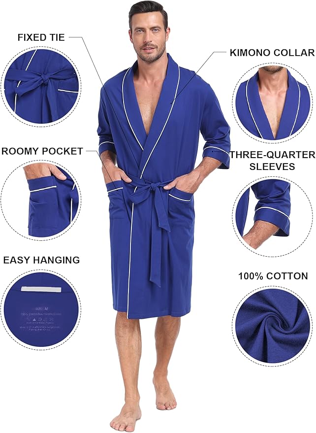 COLORFULLEAF 100% Cotton Men’s Summer Bathrobe Lightweight & Breathable Short Sleeve Kimono Robe with Pockets