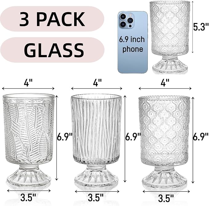 Pumtus 3 Pack Flower Vases for Centerpieces, Vintage Glass Pedestal Vase Set, Decorative Embossed Big Base Vase, Clear Hurricane Candle Holder, Medium Cylinder Vase for Wedding, Home, Party, Office