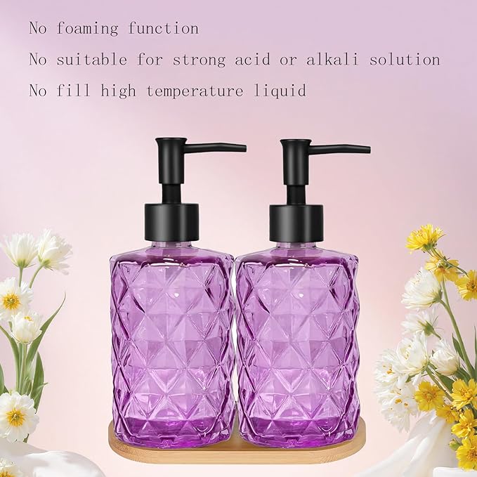Glass Hand and Dish Soap Dispenser Set of 2 with Plastic Pumps, Bamboo Tray, 12oz Purple Bathroom Soap Dispenser with Diamond for Hand Wash & Dish Wash, Ideal for Bathroom Kitchen Countertop