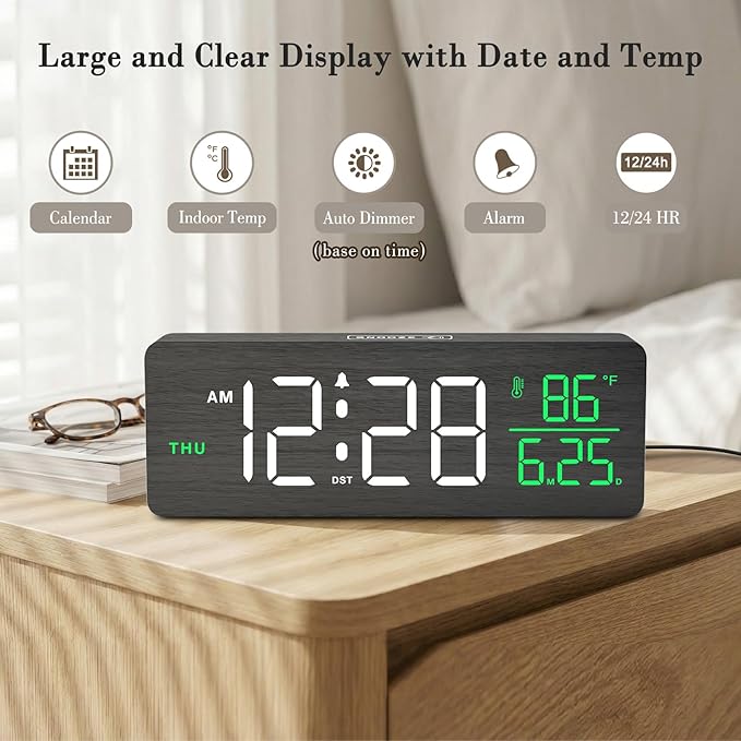 DreamSky Wooden Digital Alarm Clocks for Bedrooms – Large Display Desk Clock with Date & Day of Week for Living Room, Temperature, Dimmer, Adjustable Volume, Auto DST, Office Wood Décor (Plug-in)