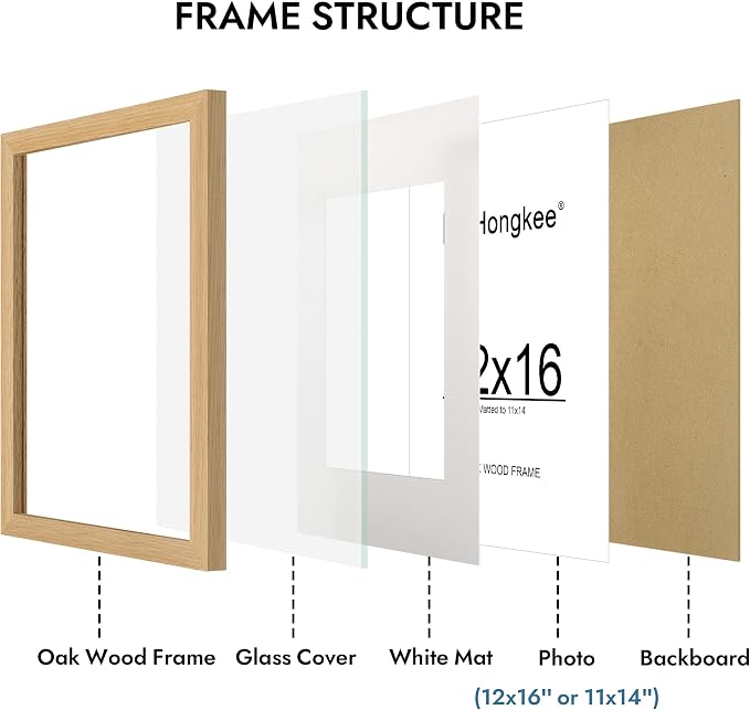 Hongkee 12x16 Oak Wood Picture Frame 1 Pack(Matted 11x14), Real Glass Cover | Natural, 12 x 16 Solid Wood Frame for Wall Mounting - Includes Easel Back, Vertical Hang - Ideal for Home, Office