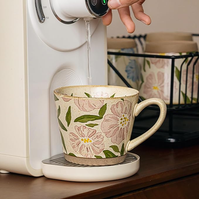15oz Vintage Floral Ceramic Coffee Mug, Hand-Painted Lead-Free Tea Cup with Comfort Handle, Microwave & Dishwasher Safe for Home Office & Gift for Women (Pink Floral, 15, ounces)