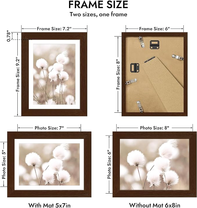 Hongkee 6x8 Oak Wood Picture Frame 1 Pack(Matted 5x7) with Real Glass Cover | Walnut, 6 x 8 Solid Wood Frame for Wall or Tabletop Display - Includes Easel Back, Vertical Hang - Ideal for Home, Office