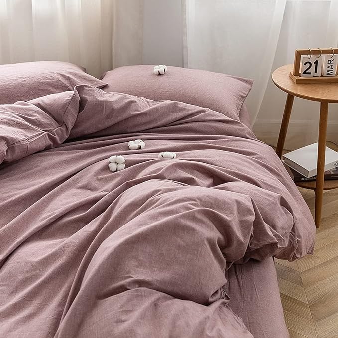 FACE TWO FACE Bedding Duvet Cover Set100% Washed Cotton Duvet Cover Linen Like Textured Breathable Durable Soft Comfy(Queen, Purple Bean Paste)