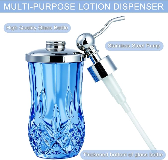 9Oz Blue Glass Soap Dispenser with Silver Pump,Lead-Free Thick-Cut Glass,Countertop Soap Dispensers for Bathroom & Kitchen,Round
