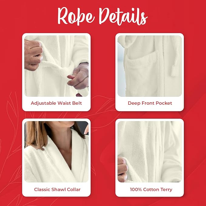 RIVERSIDE Premium 100% Cotton Terry Bathrobe For Women and Men - Soft Towel Robes with Shawl Collar Ajdustable Belt & Pockets