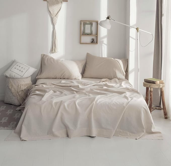 BISELINA Linen Sheet French Flax Flat Sheet Only 55% Euro Flax 45% Cotton Basic Style Solid Color Soft Breathable Farmhouse Top Sheet 1-Piece (King, Linen)