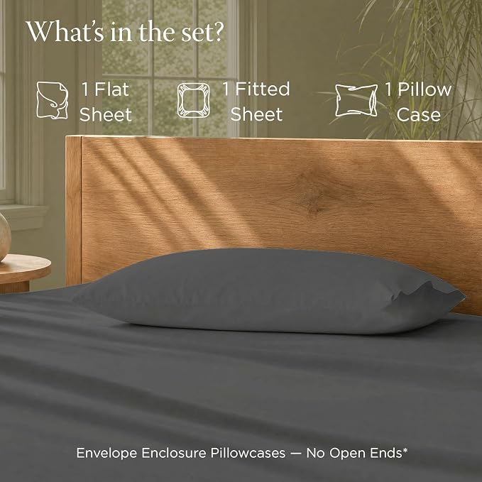 Threadmill 100% Organic Cotton Twin Sheet Set - GOTS Certified, 3 Piece, Dark Grey - Soft and Breathable Sheets with All-Round Elastic Deep Pocket for Snug Fit, Healthy Bedding Set