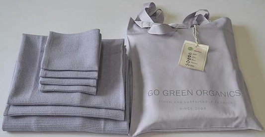 Waffle Bath Towel Set, Organic Cotton GOTS Certified (LANGUID Lavender) Super ABSORBANT & Quick Dry, NO SOFTENERS, Environment Friendly, 1xBATH58x30.5, 2xHAND29x20,4xFACE12x12IN