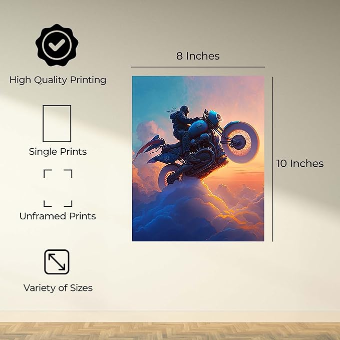 InkFlow Posters Motorcycle Rider Poster - Futuristic Biker in the Clouds - Surreal Sunset Art for Living Room, Bedroom, Home - Adventure-Themed Graphic Print - 8x10 Unframed Canvas Print