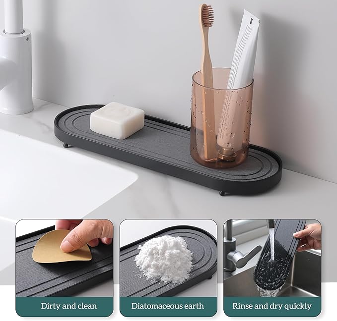Water Absorbing Stone Tray, Fast Drying Diatomite Stone Kitchen Sink Tray Coasters, Bathroom Tray,Sink Organizer,Bathroom Counter Tray,Tray Hand Soap Dish & Holders (Black)