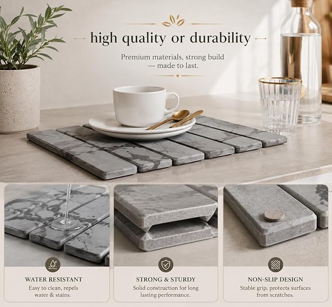Stone Dish Drying Mat for Kitchen Counter, Quick Dry Diatomaceous Earth Dishes Mat, Foldable Water Absorbing Drying Organizer Pad for Plate Rack Bottles Utensils, Light Gray, 30x40 cm