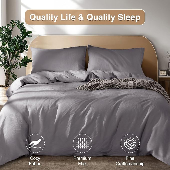 SONORO KATE 100% French Linen Duvet Cover King Size, Soft Breathable for Hot Sleepers, Moisture Wicking & Durable Cover Set - Zipper Closure & 4 Corner Ties Duvet Covers 3 Piece (Dark Grey,King)