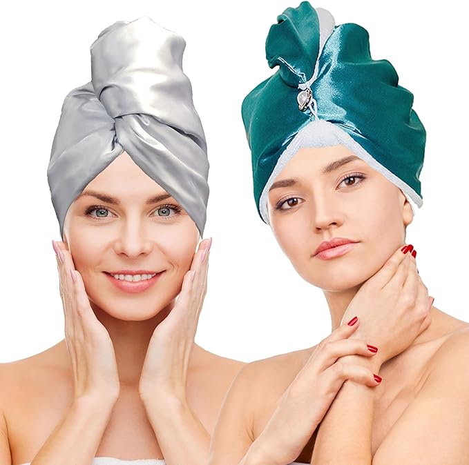 Chloven Satin Microfiber Hair Towel Wrap for Women - 2 Pack Anti Frizz Hair Turbans for Wet Hair,Super Absorbent &Lightweight Hair Wrap Towels，Hair Drying Towel for Curly Long Hair with Button