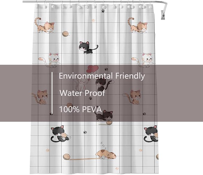 TIKABC Shower Curtain Liner, 4G PEVA Shower Liner, Plastic Waterproof Shower Curtains, with Grommet Holes and 3 Magnetic Weights(Little Cat)