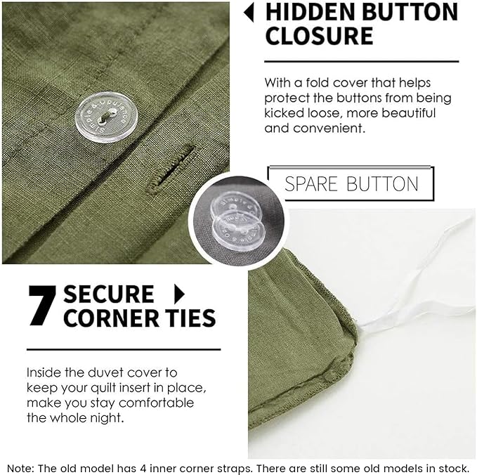 Simple&Opulence 100% Linen Duvet Cover Set 3pcs Basic Style Natural French Washed Flax Solid Color Soft Breathable Farmhouse Bedding with Button Closure - Olive Green, Full