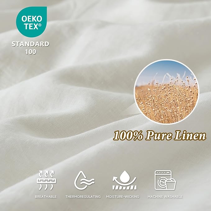 100% Linen Duvet Cover Set, 3 PCS Natural French Flax White Duvet Cover Queen Size, Breathable Soft Comfy Linen Bedding Comforter Cover with 2 Pillowcases(White, 88" x 92")