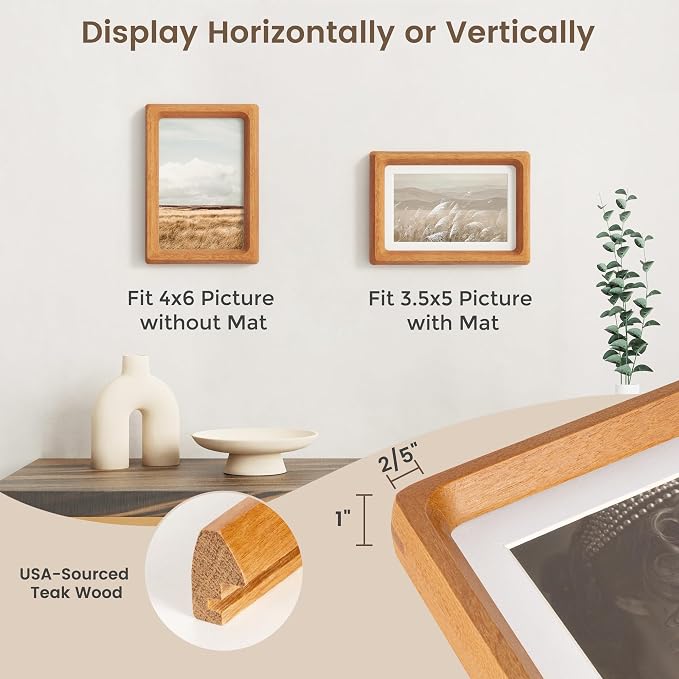Fun Memories 4x6 Picture Frame, USA-Sourced Teak Wood Photo Frames with HD Tempered Glass, Handcrafted Rounded Corner 4 x 6 Wooden Frame Matted to 3.5x5 Photos, 4x6 Frames, Tabletop or Wall Display