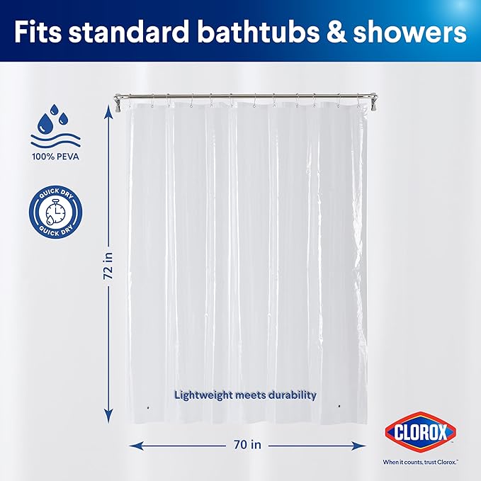 Clorox Shower Curtain Liner, Premium Lightweight Flexible Waterproof 3g PEVA for Bathroom with Weighted Magnets, Standard Size 70" x 72", Clear 2 Pack