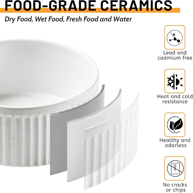 Non-Slip Ceramic Dog Bowls,8" Dog Food and Water Bowl Set with Silicone Base, 64oz/8cups Weighted Flip-Proof Pet Feeding Bowl for Medium and Large Dogs (Large,White)