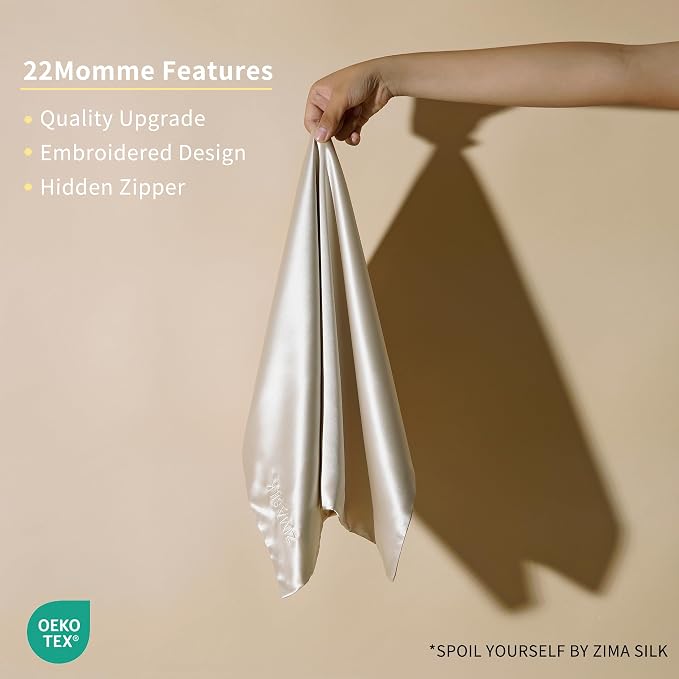 ZIMASILK 22 Momme Silk Pillowcase for Hair and Skin - 100% Pure Mulberry Silk with Hidden Zipper, Gift Box, Comes with Pillowcase Mask Headband Scrunchies (Queen 20"x30", Light Beige)