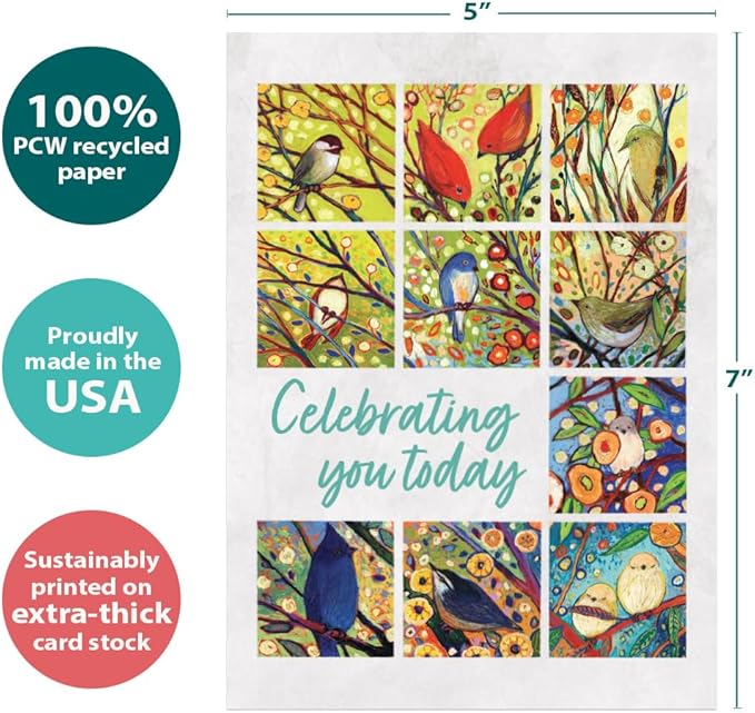 Tree-Free Greetings - Birthday Cards - Artful Designs - 2 Cards + Matching Envelopes - Made in USA - 100% Recycled Paper - 5 x 7 - Bird Celebration (GT61549)