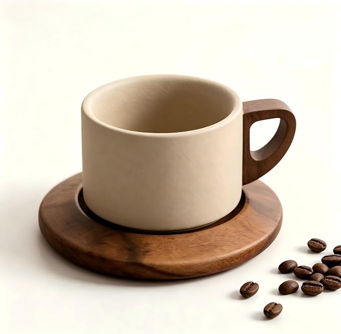 Rustic Matte Clay Coffee Mug with Hollow Walnut Wood Handle & Wooden Saucer, 250ml Handmade Rough Ceramic Latte Espresso Cup, 200g Single Cup Set, Japanese Vintage Drinkware for Home Office & Gift