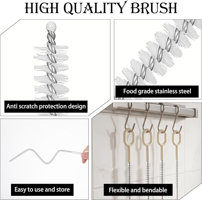 4 PCS Straw Cleaning Kit, Reusable Straw Brushes for Cleaning Straws | 10 Inch Stainless Steel Metal Straw Cleaner Brush, 10 Inch for Water Bottle Sip Cup Glass Straw