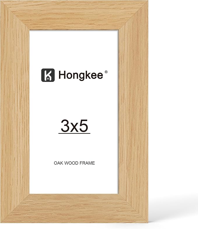 Hongkee 3x5 Oak Wood Picture Frame (1 Pack, Natural) with Real Glass Cover | Solid Wood 3 x 5 Small Frame for Wall or Tabletop Display - Includes Easel Back, Vertical Hang - Ideal for Home, Office