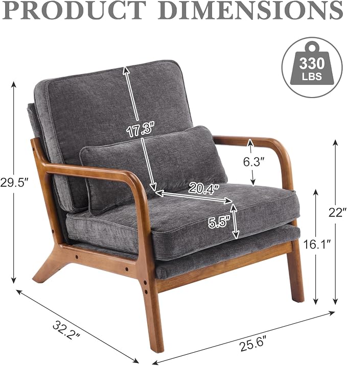 Karl home Mid-Century Modern Accent Reading Chair, Grey | Chenille Upholstered, Solid Wood Frame, Soft Cushion, Lumbar Pillow, Lounge Armchair for Living Room, Bedroom, Balcony, Study