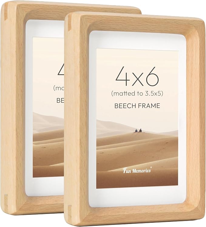 4x6 Picture Frame Set of 2, USA-Sourced Beech Wood Photo Frames with HD Tempered Glass, Handcrafted Rounded Corner 4 x 6 Wooden Frame Matted to 3.5x5 Photos, 4x6 Frames, Tabletop or Wall Display