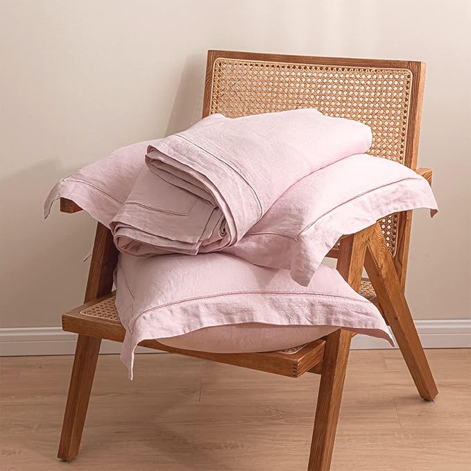 Simple&Opulence 100% Washed Linen Duvet Cover with Embroidered, 2 Pieces Soft Farmhouse Comforter Set with Button Closure,1 Duvet Cover and 1 Pillowsham(Twin,Dusty Pink)