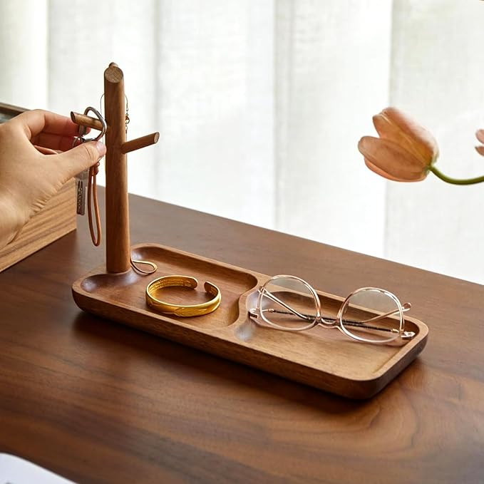 Solid Acacia Wood Key Tray and Bowl for Entryway Table - Jewelry Tray With 3 Hooks, Open Storage for Wallet, Glasses, Watches, Lipstick (Acacia, Rectangle)