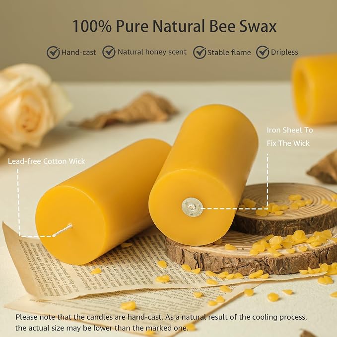 Natural Organic Beeswax Pillar Candles 2x4 Inch Bulk, 100% Pure Bees Wax Candles for Home, 210 Hour Long Burning, Dripless Smokeless Non Toxic Candle for Emergency Parties Meditation Prayer(6 Pack)