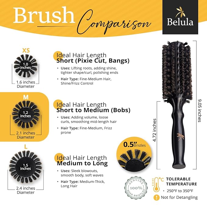 Belula 100% Soft Boar Bristle Round Brush for Blow Drying Set. Round Hair Brush With Medium 2.1” Wooden Barrel. Hairbrush Ideal to Add Volume and Body. Free 3 x Hair Clips & Travel Bag.