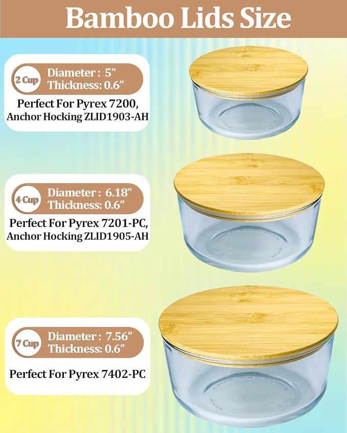 Replacement Wooden Lids for Pyrex, Anchor Hocking Glass Containers 7200 * 1 7201-PC*1 7402-PC*1, Bamboo Lids for Pyrex 2Cup 4Cup 7Cup Glass Bowls 3 Pack
