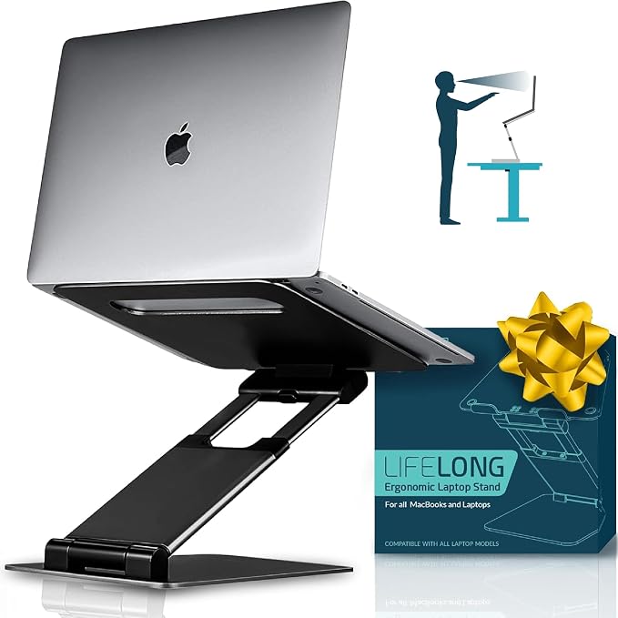 Lifelong Aluminum Adjustable Laptop Stand, Extra Tall 20" Riser, Black | Ergonomic Laptop Stand for Desk, Portable Foldable Computer Stand, Fits 10-17 Inch Laptops & MacBooks