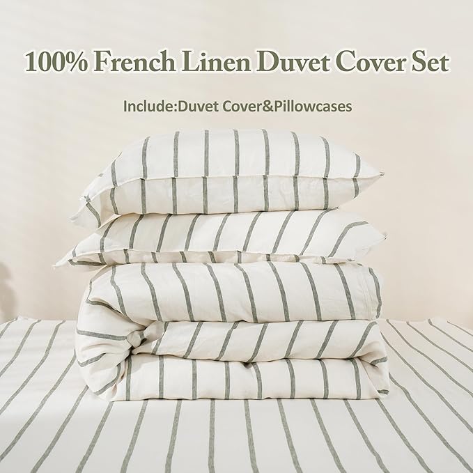 S VICTORY SYMBOL 100% Organic Linen Duvet Cover Set,Yarn Dyed Green Vertical Stripe French Natural Flax Bedding Set Queen Size,3pcs Farmhouse Comforter Cover Set