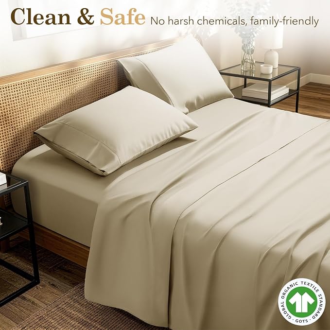 SONORO KATE 100% Organic Cotton Sheets Set - 600 Thread Count, GOTS Certified Cotton Bed Sheets, Soft, Breathable & Silky Sateen Weave Sheets, 16" Deep Pockets - 4 PC (Linen,Queen)