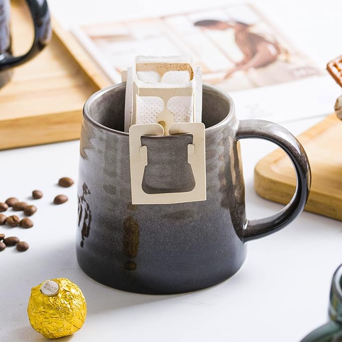 Large Ceramic Coffee Mugs, Handmade Pottery Mug, Tea Cups with Handle for Office and Home, 16 oz, Dishwasher and Microwave Safe (Grey Black)