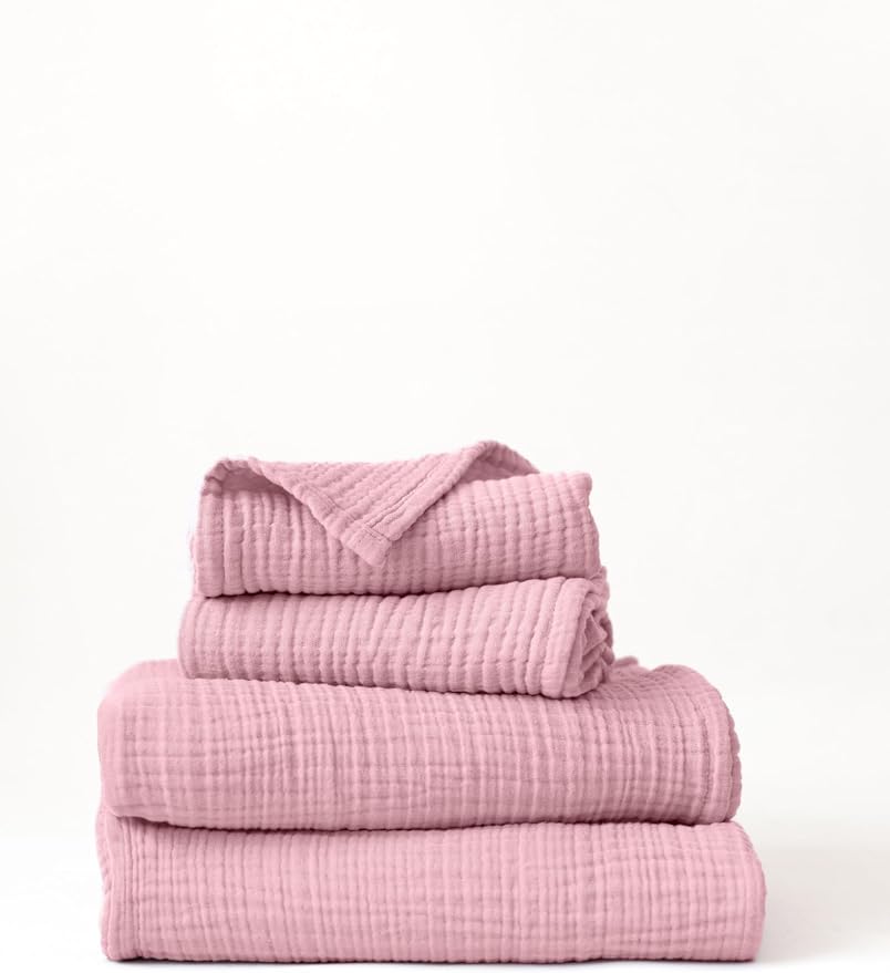 4 Pieces Muslin Towel Set for Bathroom, Luxury 100% Turkish Cotton Thin Soft Quick-Dry Lint-Free Large Size Bath Hand Towel Sets (Light Pink, 2 Bath & 2 Hand Towel Set)