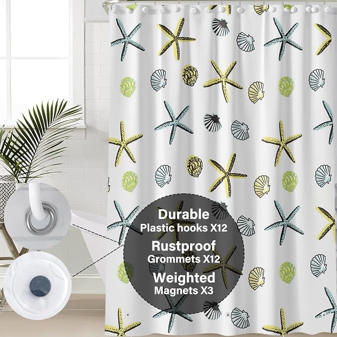 Plastic Shower Liner - Premium EVA 5G Shower Curtain Liner with Rustproof Grommets and 3 Weighted Magnets, Waterproof Shower Curtains for Bathroom (5G Starfish, 72" x 72")