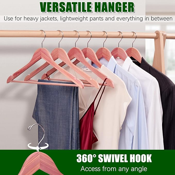 Amber Home 30 Pack Cedar Coat Hangers, Wooden Suit Hangers with Non-Slip Pant Bar, Cedar Hangers for Closet Organization, Shirts, Jackets, Dresses, and Pants