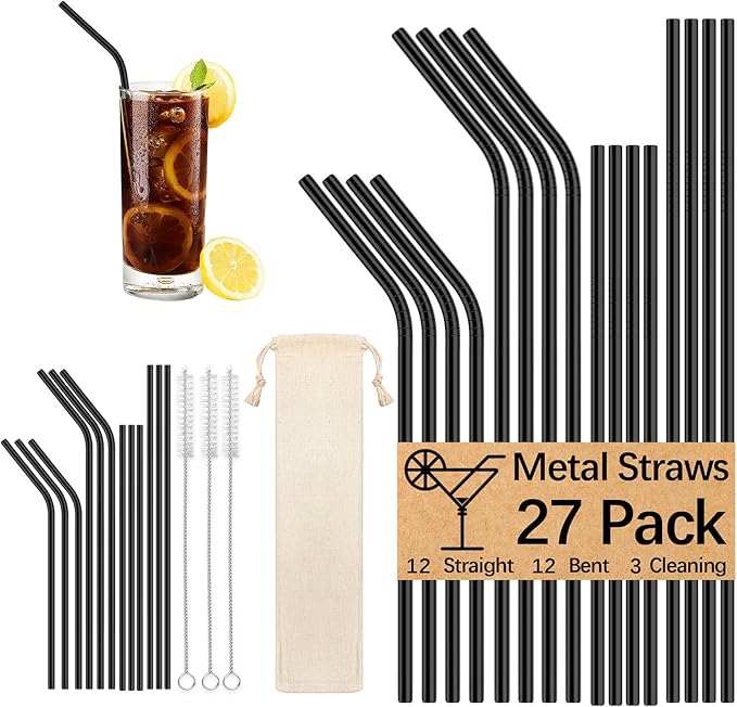 27 Pack metal straws reusable,12 Pcs Straight +12 Pcs Bent 3 Pcs Cleaning Brushes Included,stainless steel straws for 20oz and 30oz Tumblers Dishwasher Safe