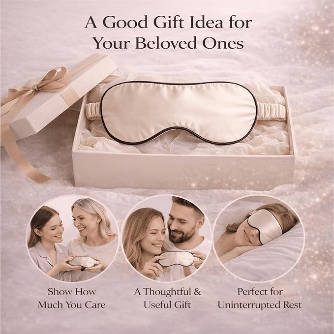 100% Mulberry Silk Sleep Mask for Women/Men Airplane Travel, Pure 22 Momme Silk Eye Mask Blackout for Sleeping, Ajustable, Luxury, Anti Wrinkle, Anti Aging Silk Blindfold, Made in USA (Champagne)