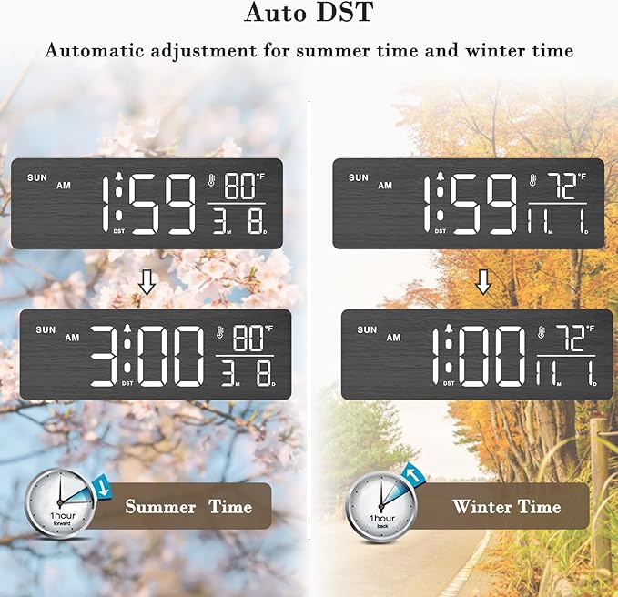 DreamSky Wooden Digital Alarm Clocks for Bedrooms – Large Display Desk Clock with Date & Day of Week for Living Room, Temperature, Dimmer, Adjustable Volume, Auto DST, Office Wood Décor (Plug-in)