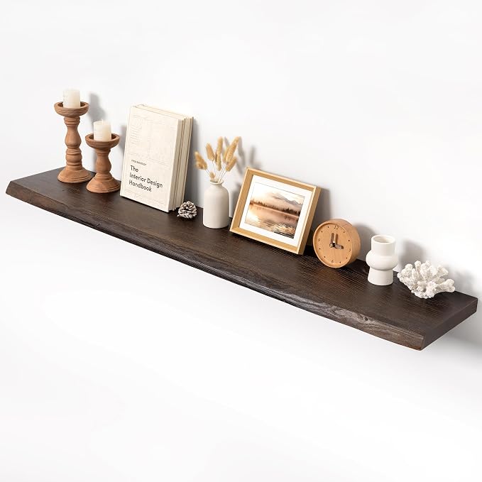 55" Live Edge Floating Shelf, Solid Elm Wood Wall Shelf | 1.4" Thick, 9.3" Deep, 50 lb Load Capacity, FSC Certified Solid Elm Display Shelf for Living Room, Bedroom, Kitchen & Office
