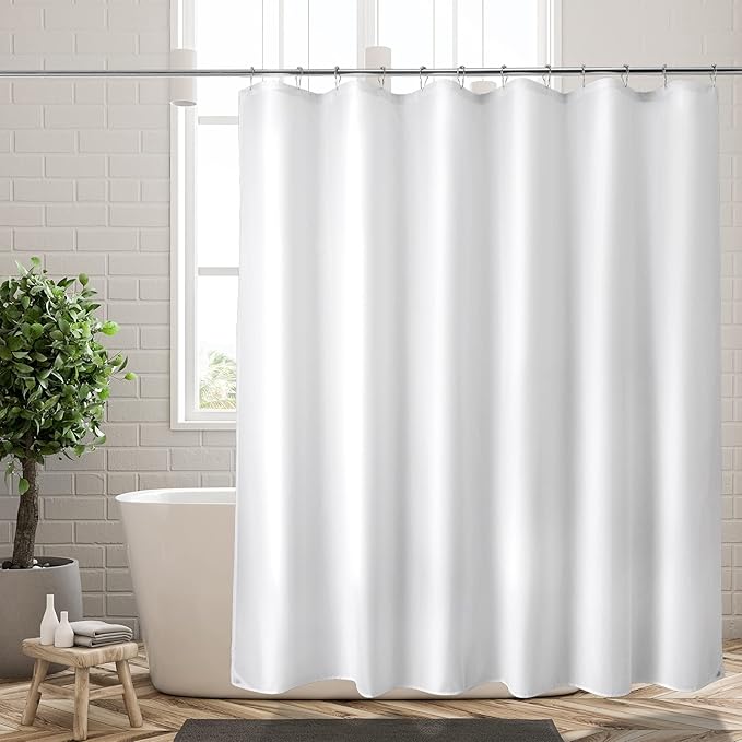 Titanker Fabric Shower Curtain Liner Washable, 72 x 65 Inches, White Shower Liner Fabric with 2 Magnets, Bathroom Polyester Shower Liner Waterproof Soft Lightweight, White