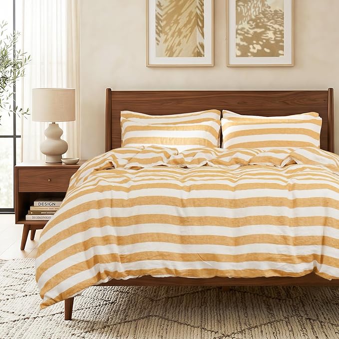 S VICTORY SYMBOL 100% Organic Linen Duvet Cover Set 3pcs,Yellow Stripe Yarn Dyed Pattern Farmhouse Bedding Set,French Natural Flax Comforter Cover Set Queen Size