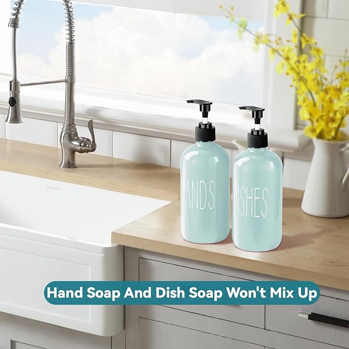 COHOSEGE Glass Soap Dispenser Set 2 Pack,16 Oz Dish Soap Dispenser for Kitchen Sink,Green Kitchen Accessories and Kitchen Decor,Green Decorations and Kitchen Utensils for Kitchen